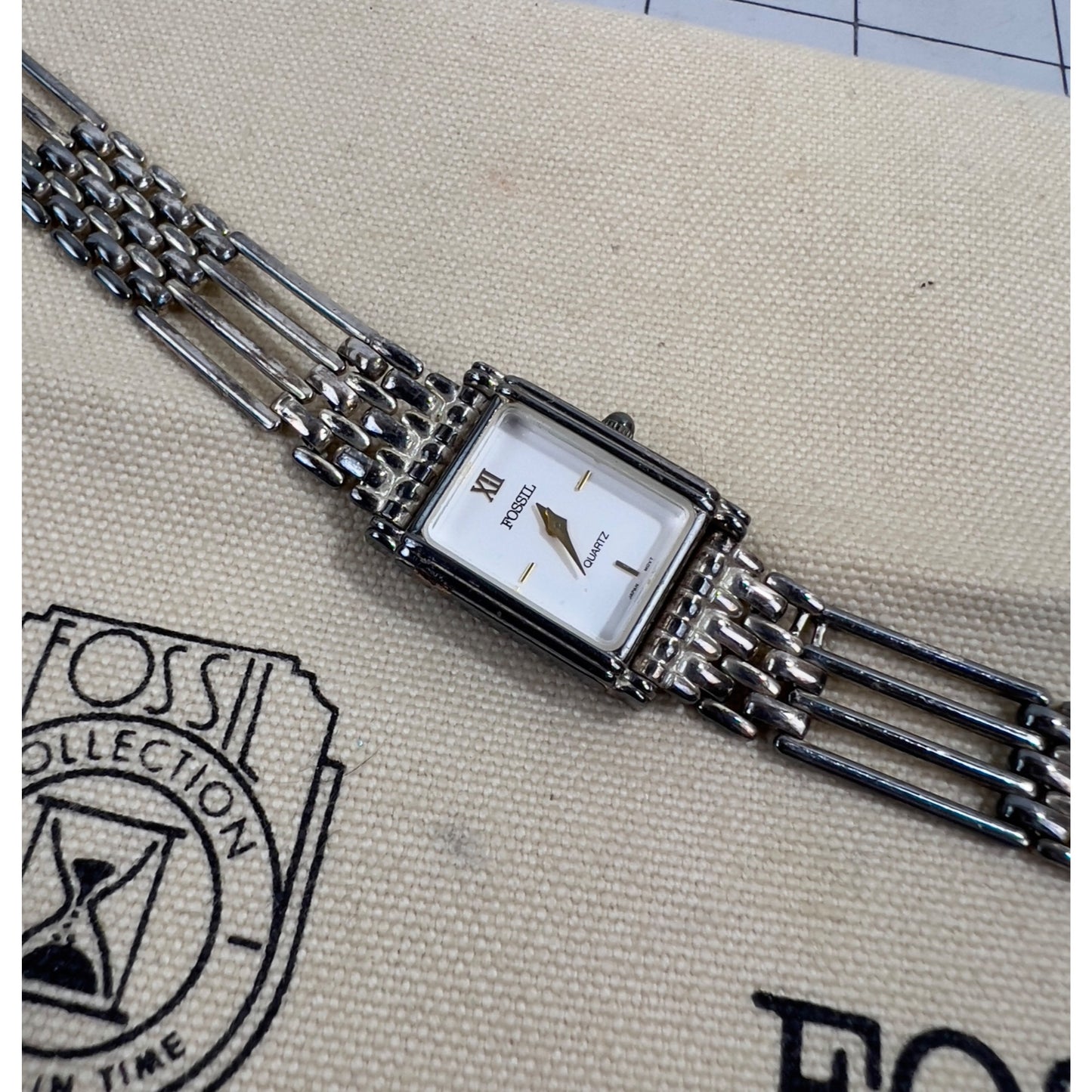 Vintage FOSSILWomen’s Rectangular Quartz Watch Sterling Bracelet  .925