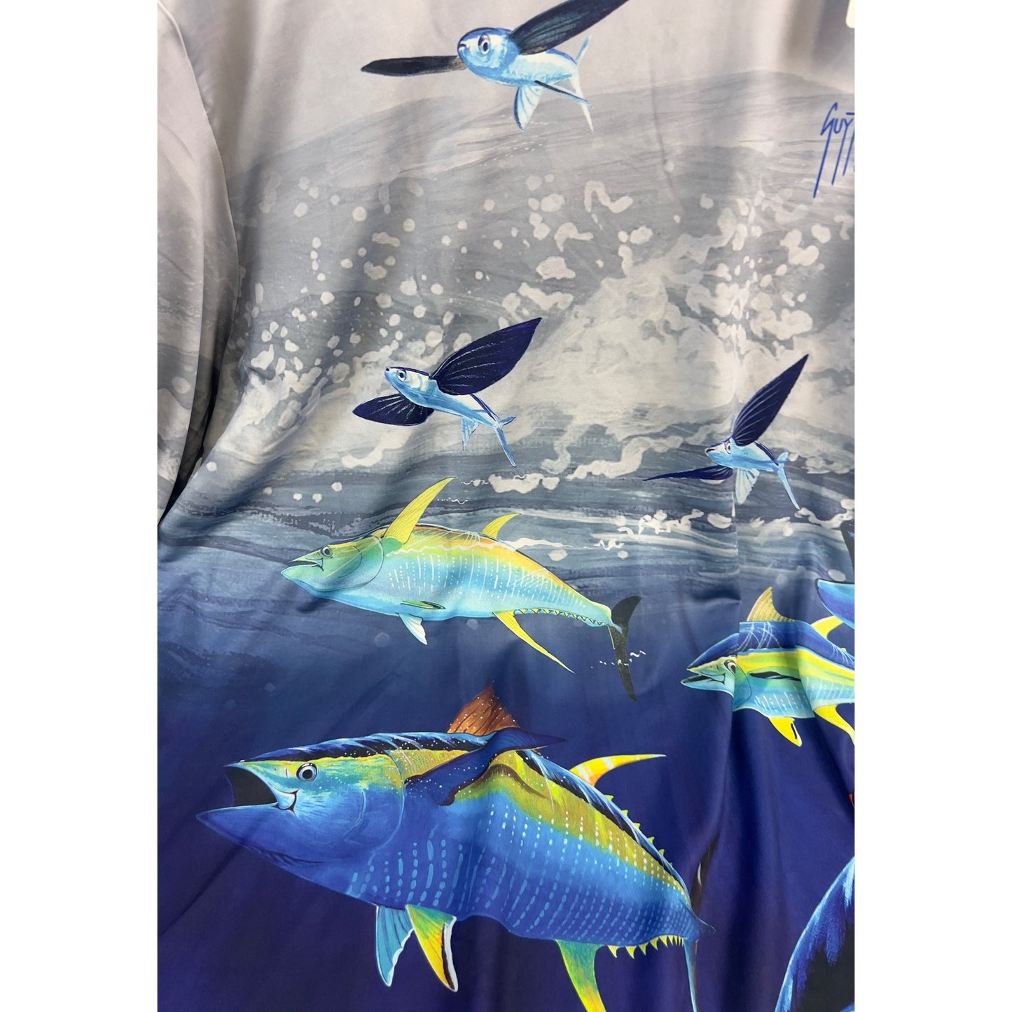 Guy Harvey XXL UPF 50 Long Sleeve Shirt With Marine Life Design Tuna Flying Fish