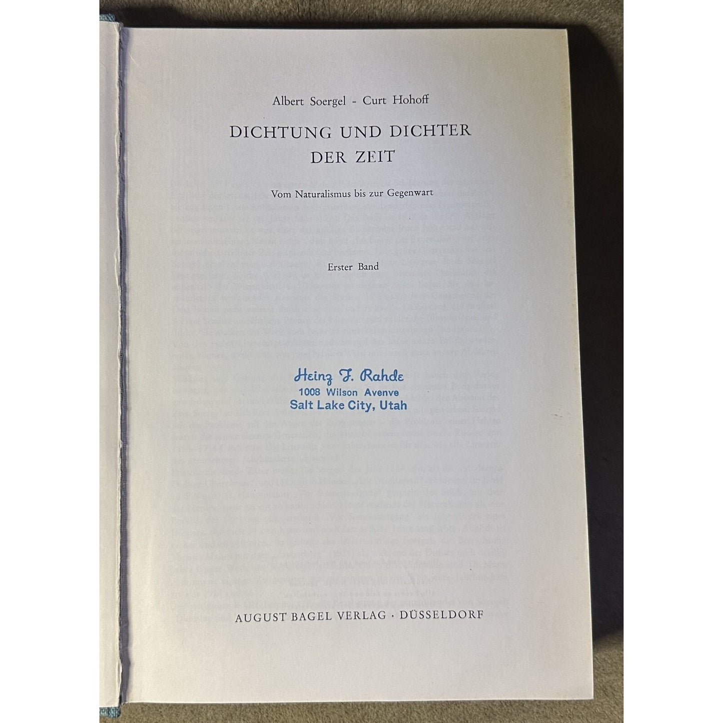 Dichtung Und Dichter Der Zeit Vol. 1 By Albert Soergel & Curt Hohoff 1961 Hardcover German Text