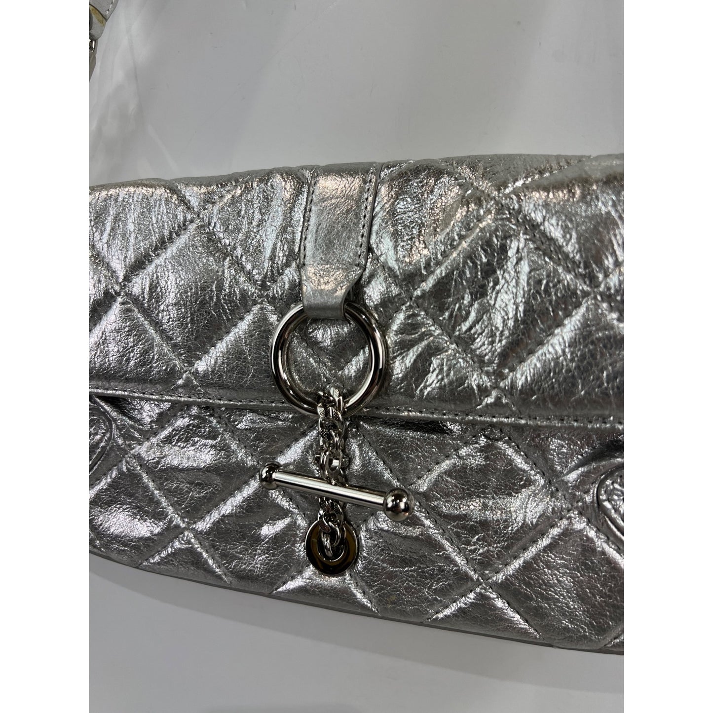 Antonio Melani Silver Quilted Leather Shoulder Bag Chain Strap & Clasp Closure ~