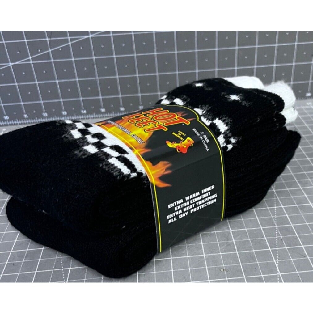 Hot Feet Men's Heavy Thermal Socks 2 Pair Size 6-12.5 NWT Black & White