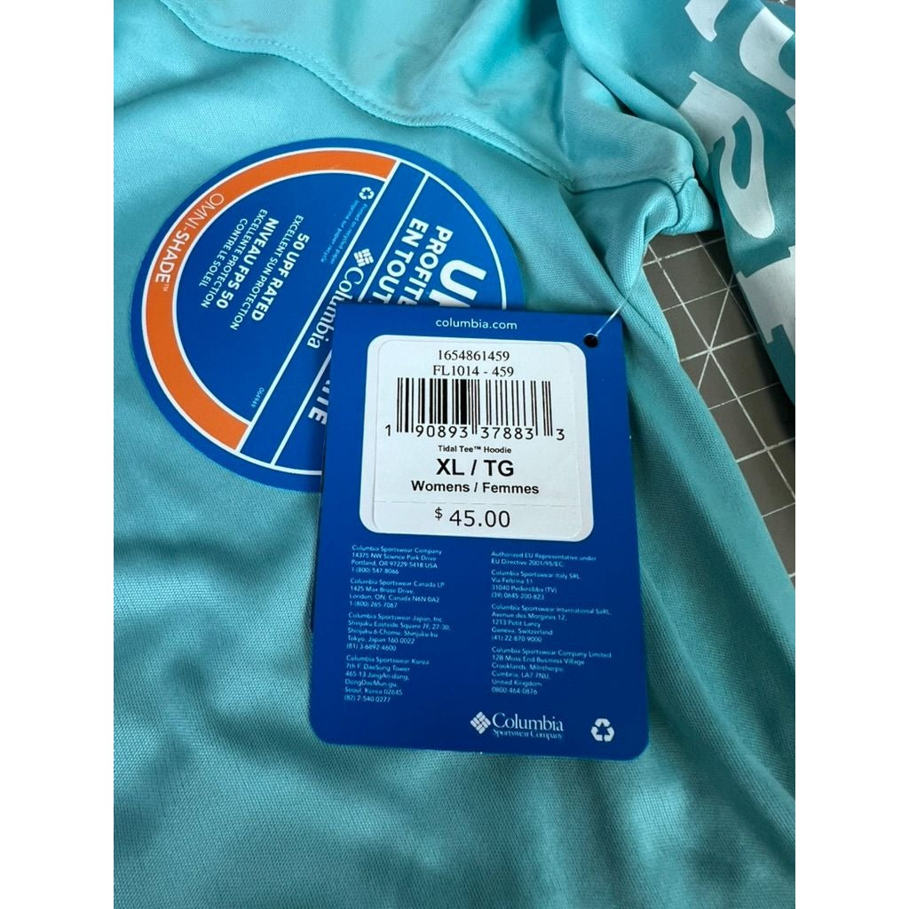 Columbia Womens Tidal Tee Hoodie XL Clear Blue Omni-Wick UPF 50 Sun Protection Long Sleeve Lightweight Activewear
