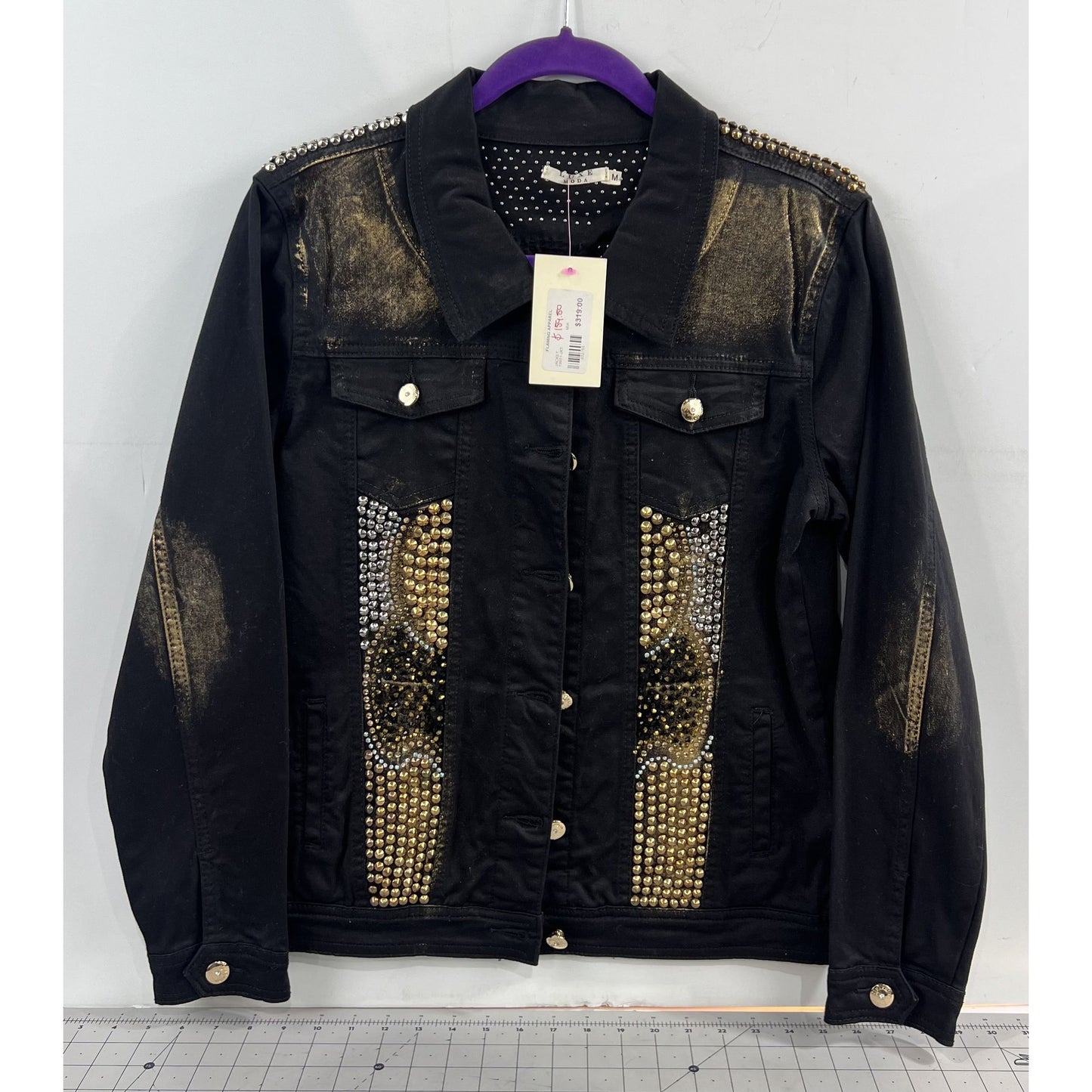 Luxe Moda Denim Jacket Gold & Silver Studded Women’s Sz. M New Distressed Look