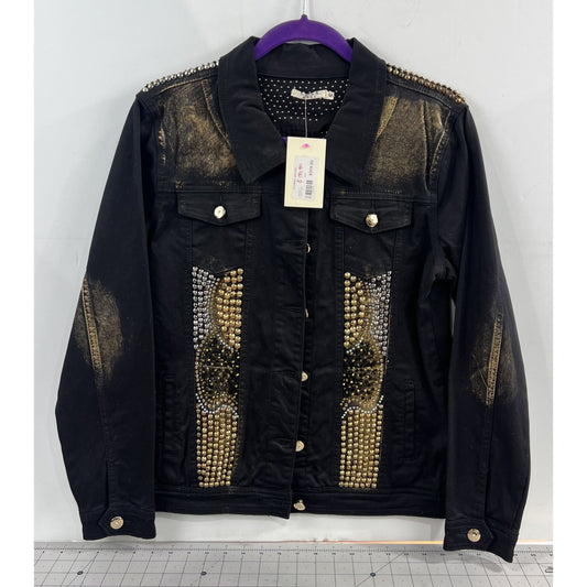 Luxe Moda Denim Jacket Gold & Silver Studded Women’s Sz. M New Distressed Look