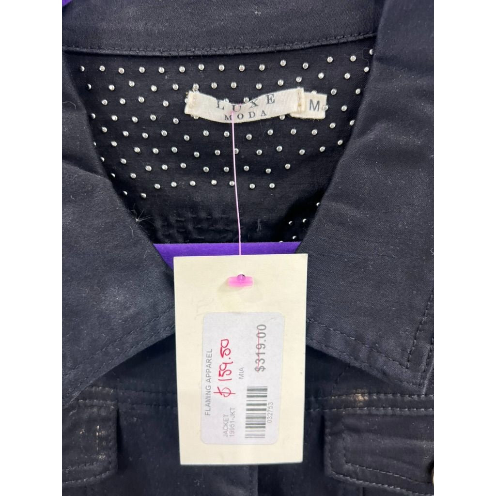 Luxe Moda Denim Jacket Gold & Silver Studded Women’s Sz. M New Distressed Look