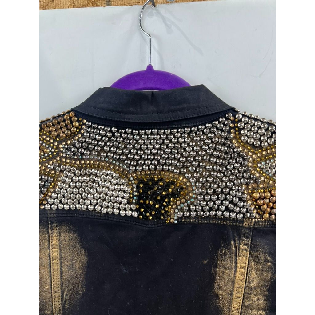Luxe Moda Denim Jacket Gold & Silver Studded Women’s Sz. M New Distressed Look