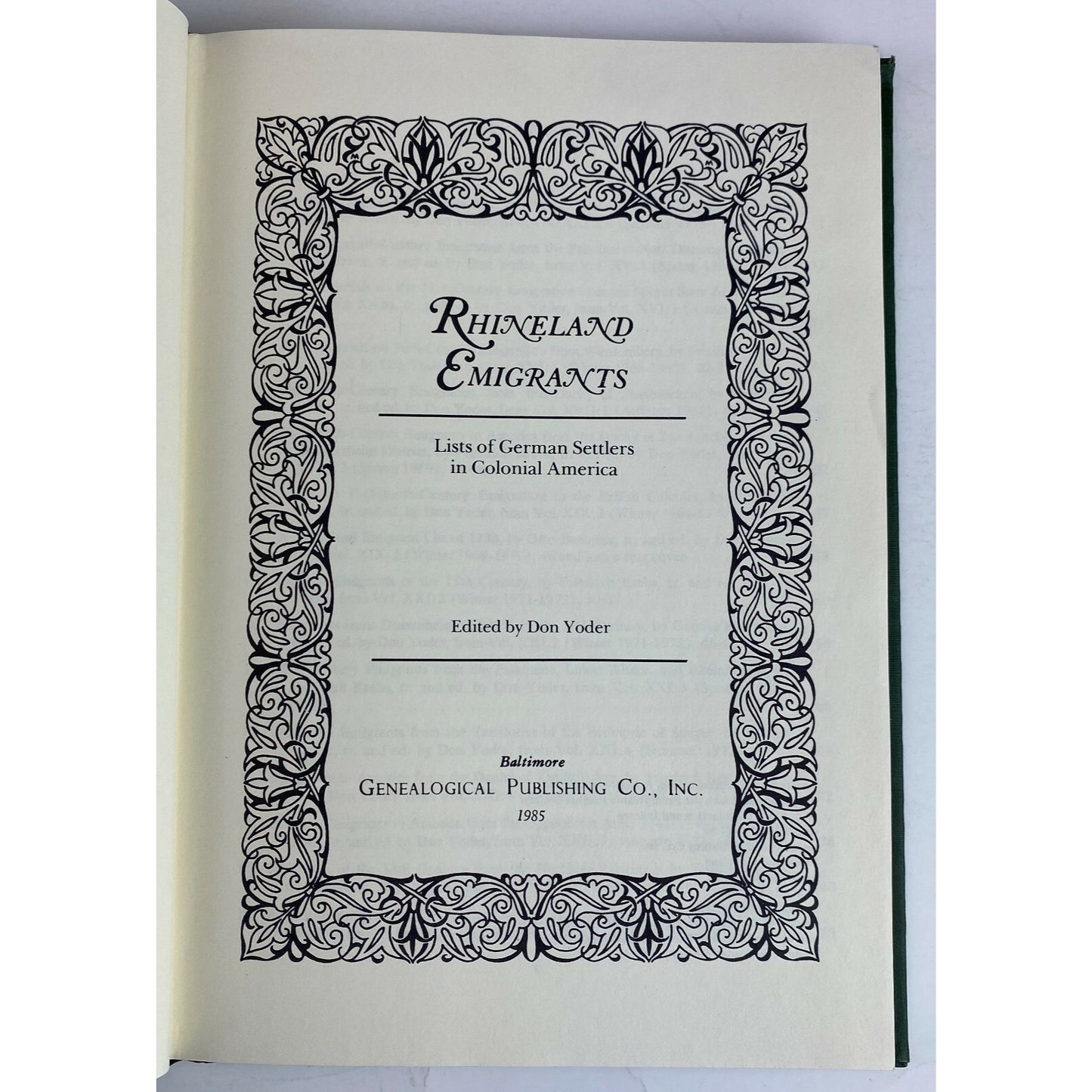 Rhineland Emigrants Hardcover Book 1985 Genealogical Publishing Co. Second Printing