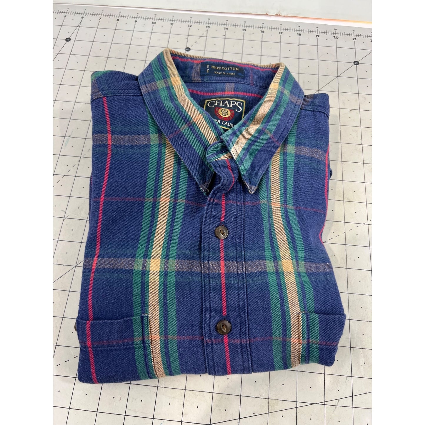 Chaps Ralph Lauren Plaid Button-Up Shirt Blue Green Long Sleeve Mens L