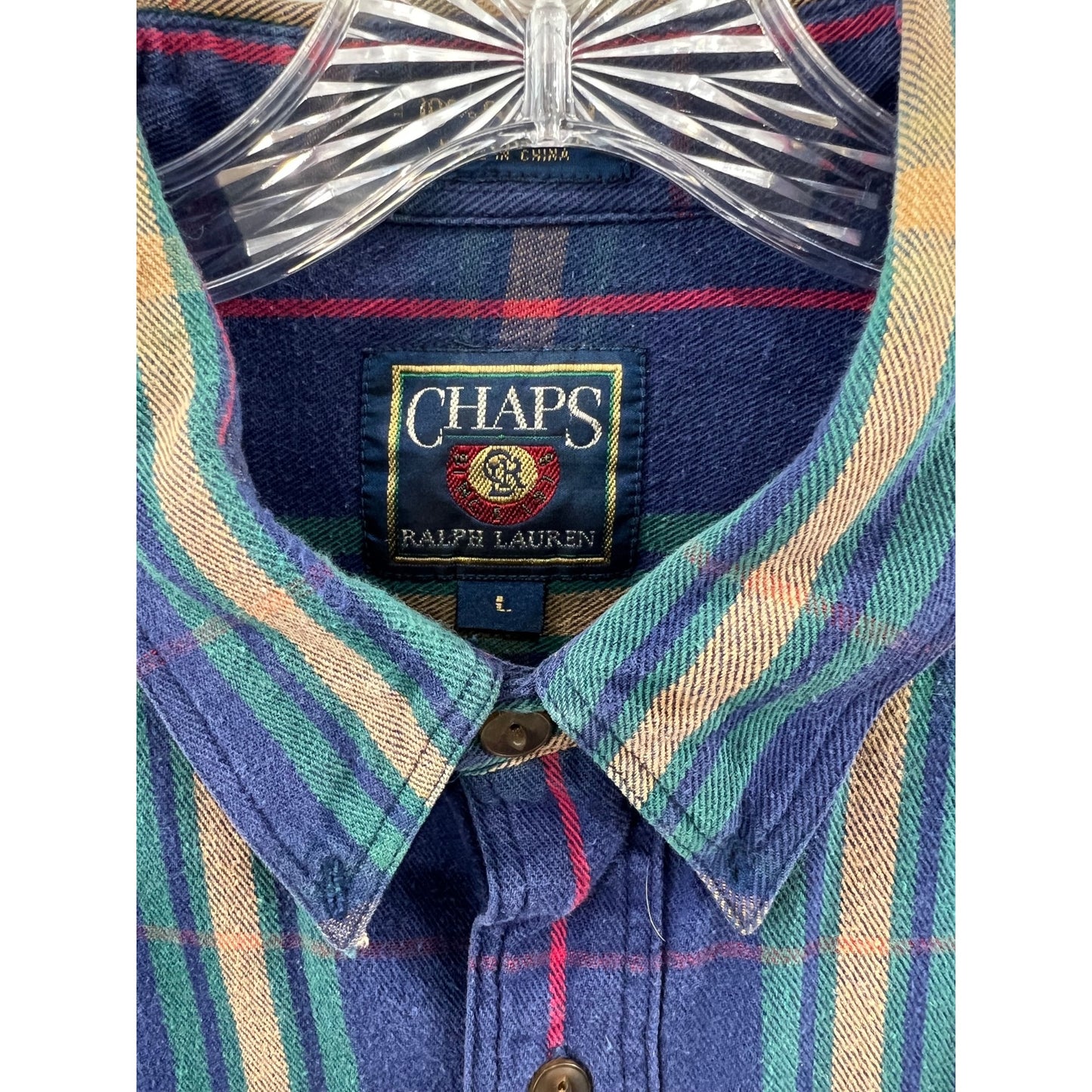 Chaps Ralph Lauren Plaid Button-Up Shirt Blue Green Long Sleeve Mens L