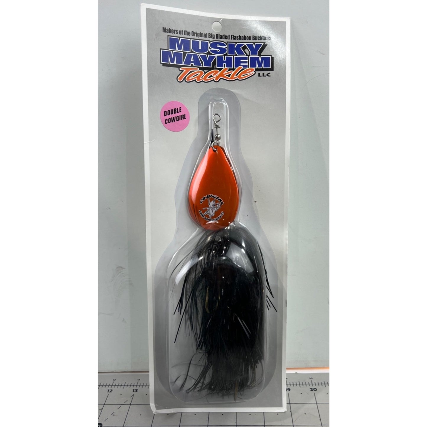Musky Mayhem Double Cowgirl Bucktail Fishing Lure Black & Orange 14" Blades