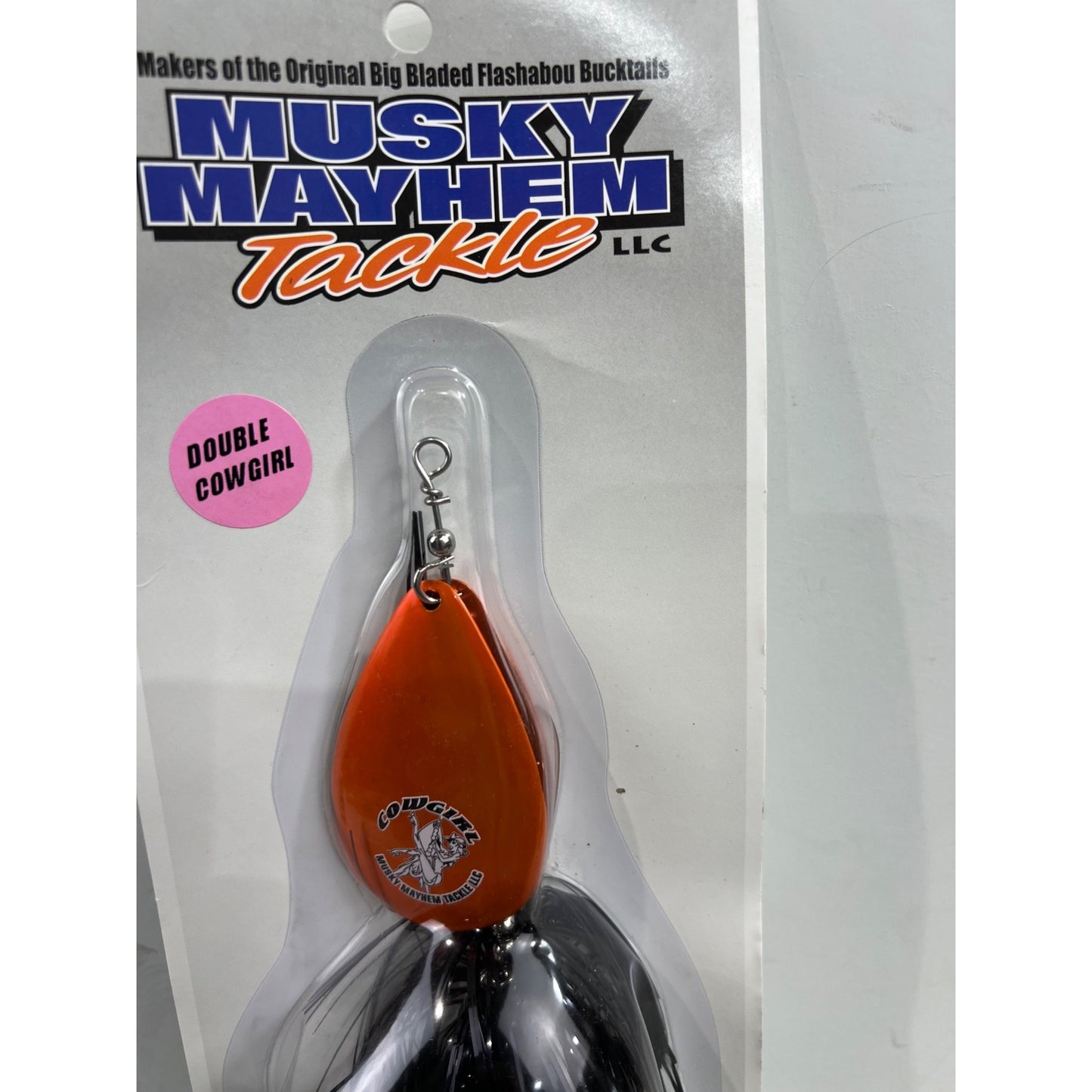 Musky Mayhem Double Cowgirl Bucktail Fishing Lure Black & Orange 14" Blades