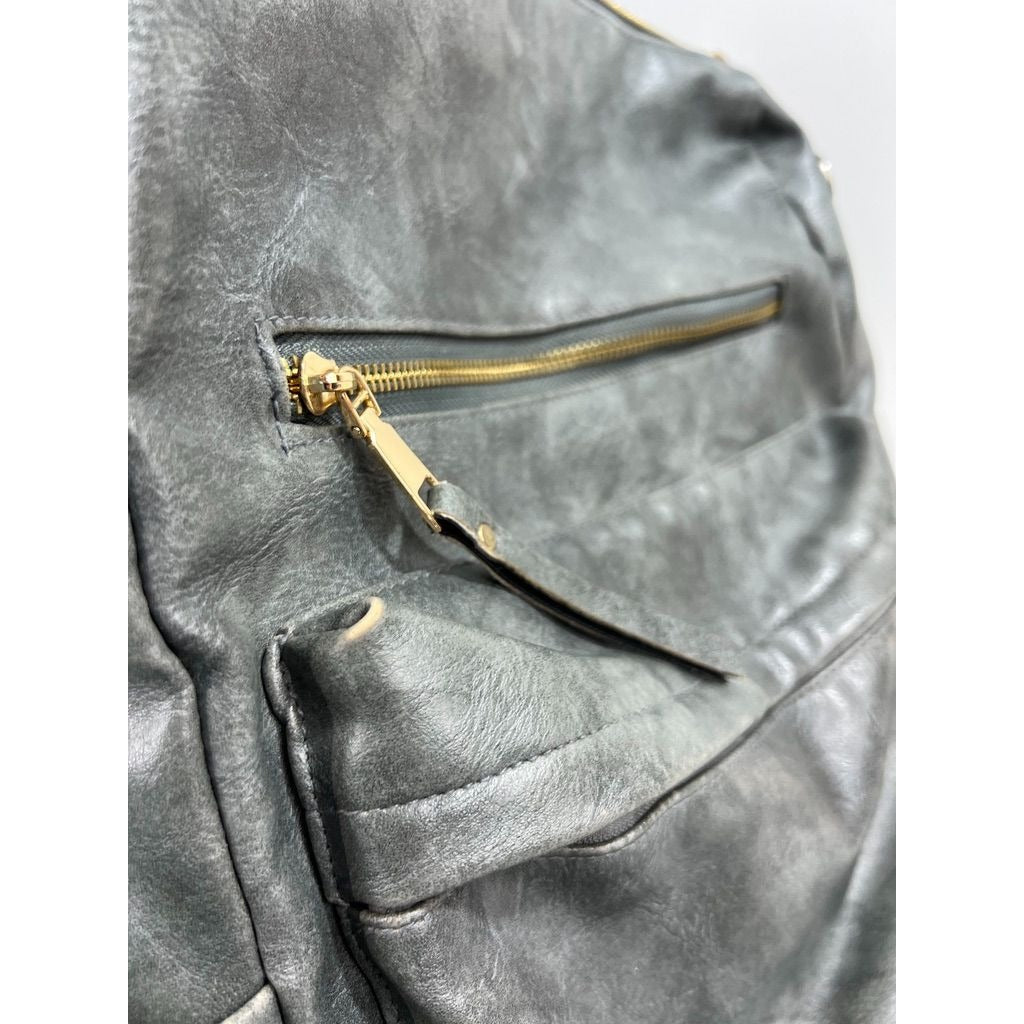 Modern+Chic Gray Vegan Leather Backpack Purse Gold Zippers & Adjustable Straps