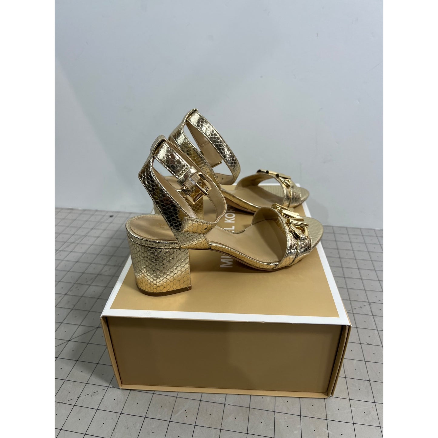Michael Kors Gold IZZY Snakeskin Block Heel Sandals Women's Sz. 7 New ~~