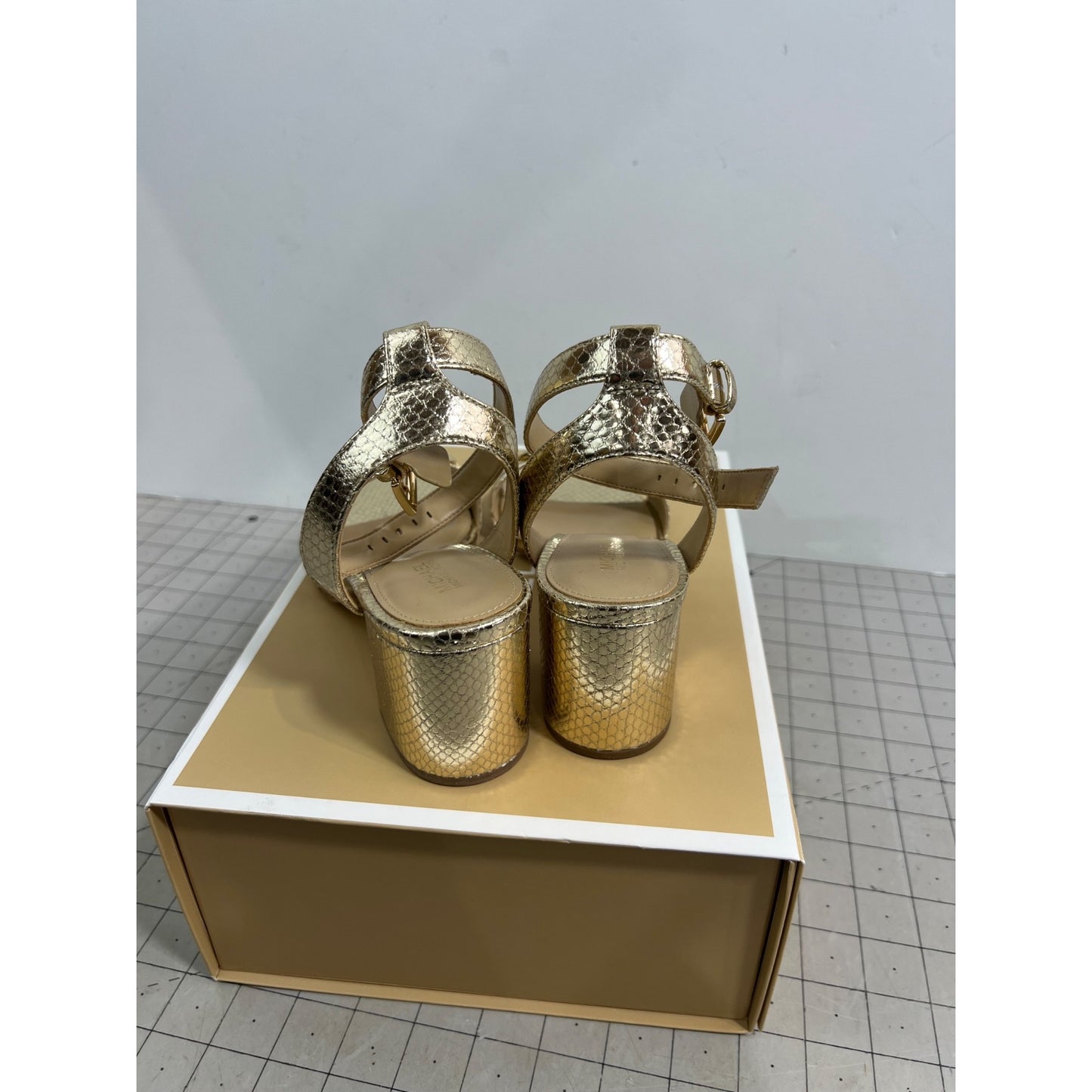 Michael Kors Gold IZZY Snakeskin Block Heel Sandals Women's Sz. 7 New ~~