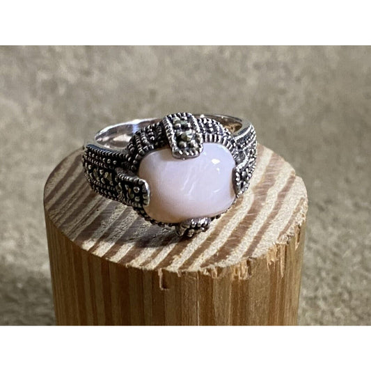 Vintage Sterling Silver Ring Marcasite & Rhodochrosite Gem .925 Size 7.75 7.1 Grams