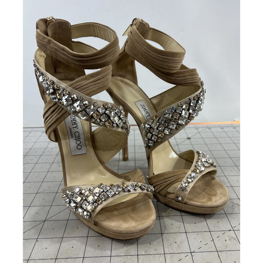 Jimmy Choo Beige Suede Crystal Embellished Strappy High Heels Zip Sz. 37.5 EU