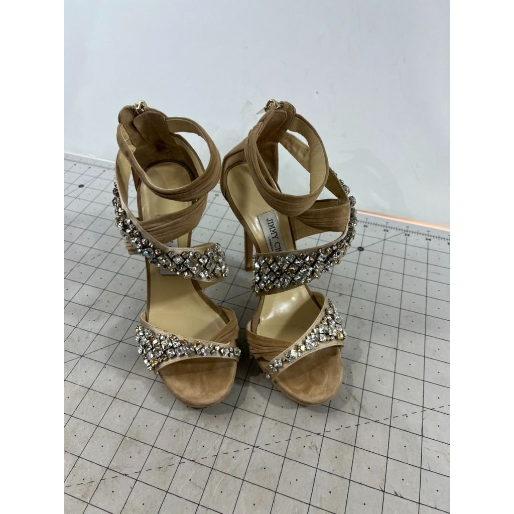 Jimmy Choo Beige Suede Crystal Embellished Strappy High Heels Zip Sz. 37.5 EU