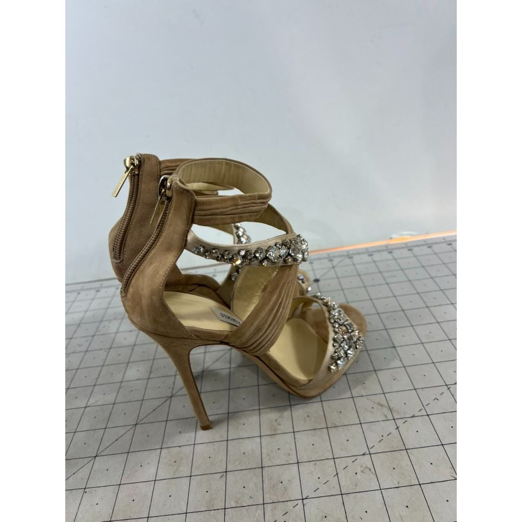 Jimmy Choo Beige Suede Crystal Embellished Strappy High Heels Zip Sz. 37.5 EU
