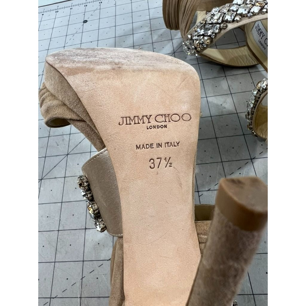 Jimmy Choo Beige Suede Crystal Embellished Strappy High Heels Zip Sz. 37.5 EU