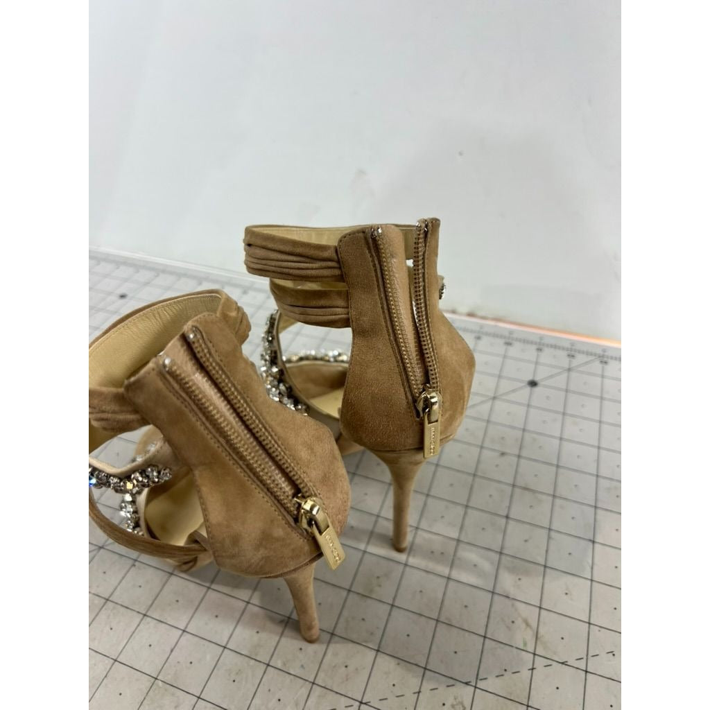 Jimmy Choo Beige Suede Crystal Embellished Strappy High Heels Zip Sz. 37.5 EU