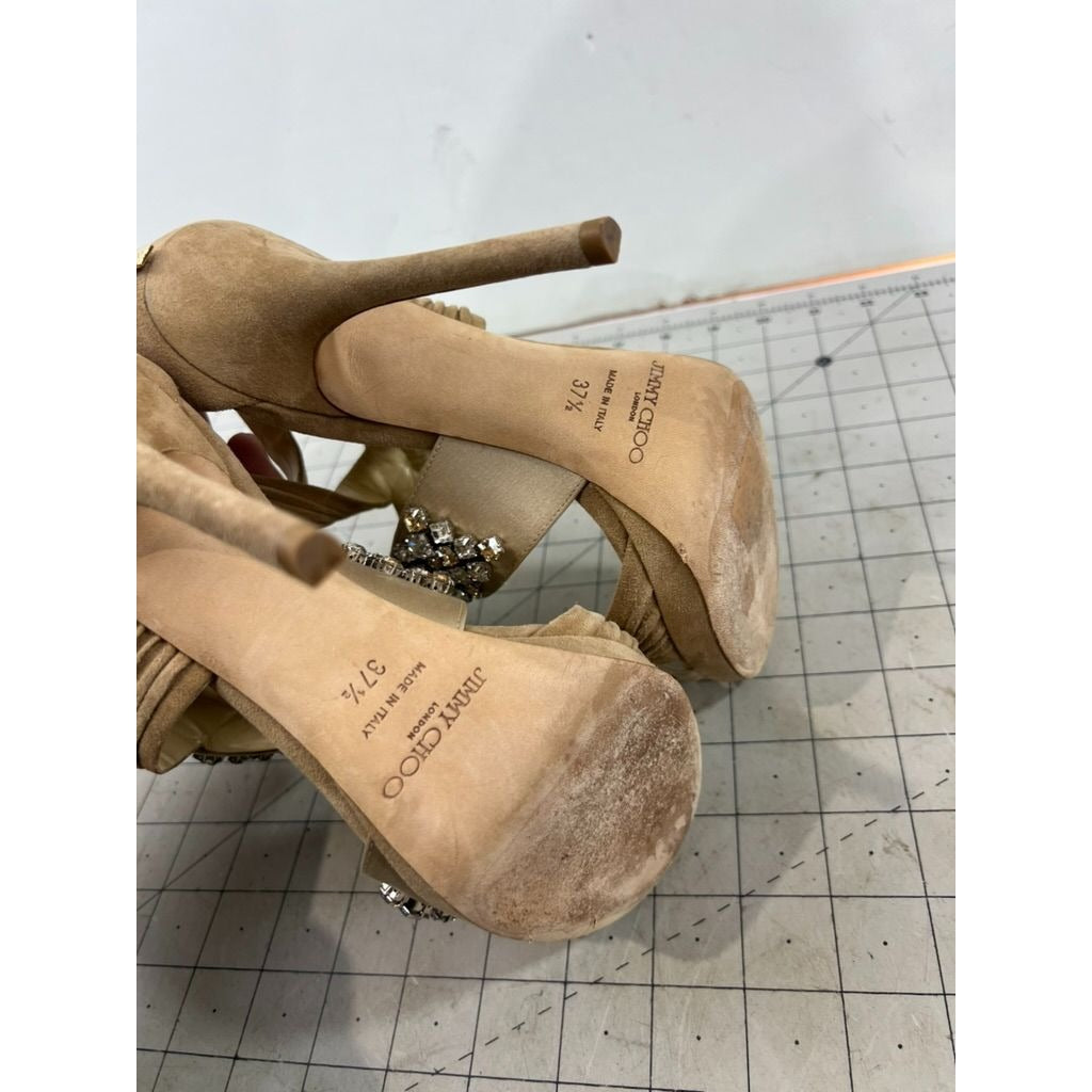 Jimmy Choo Beige Suede Crystal Embellished Strappy High Heels Zip Sz. 37.5 EU