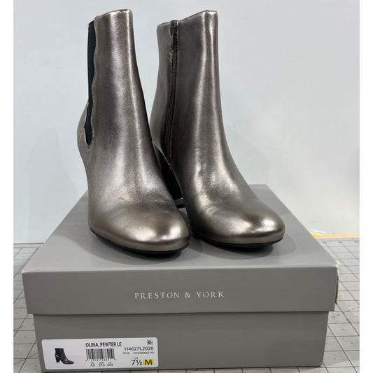 Preston & York Olina Pewter Leather Ankle Boots 7.5 M Side Zipper Block Heel