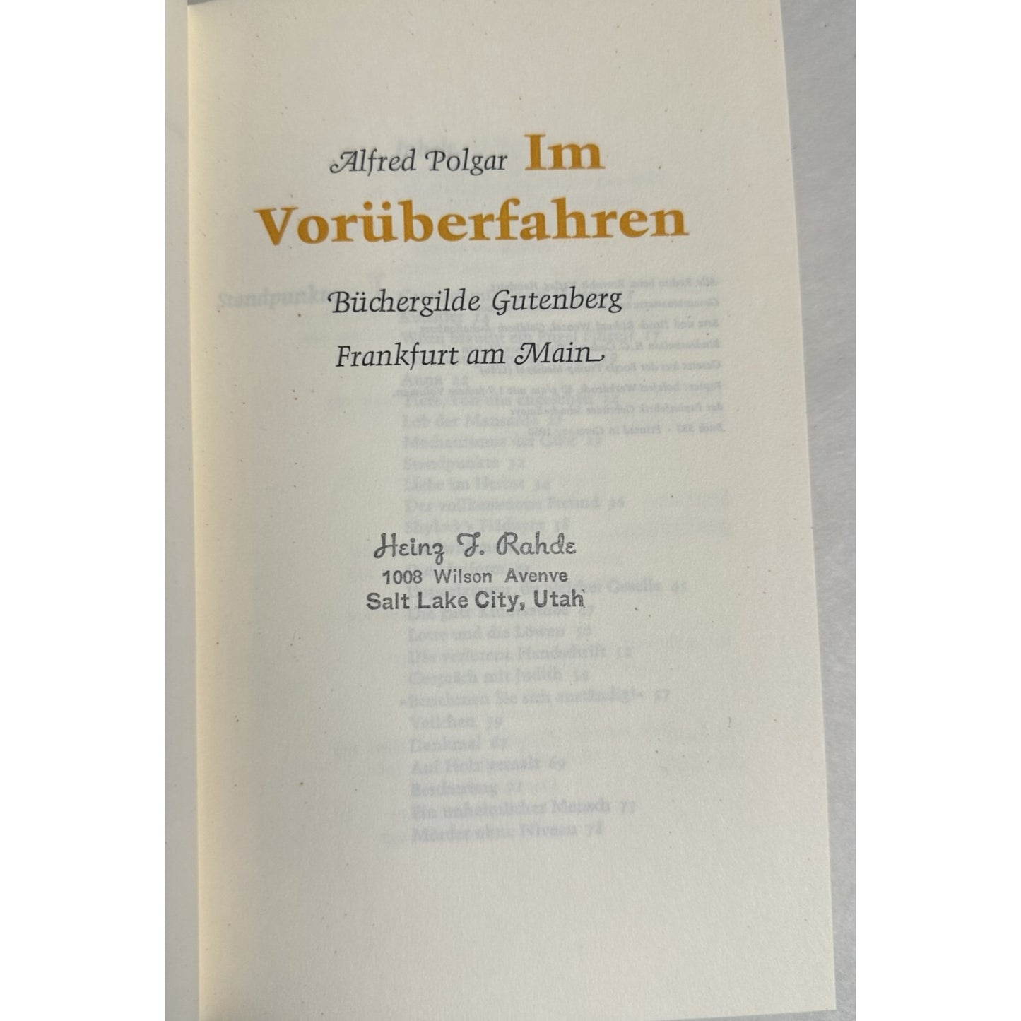 Alfred Polgar "Im Vorüberfahren" Linen Hardcover 1960 Büchergilde Gutenberg 282 Pages