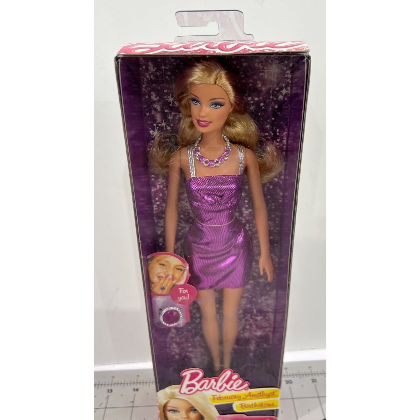 Barbie February Amethyst Birthstone Doll Purple Dress Necklace & Ring New In Box