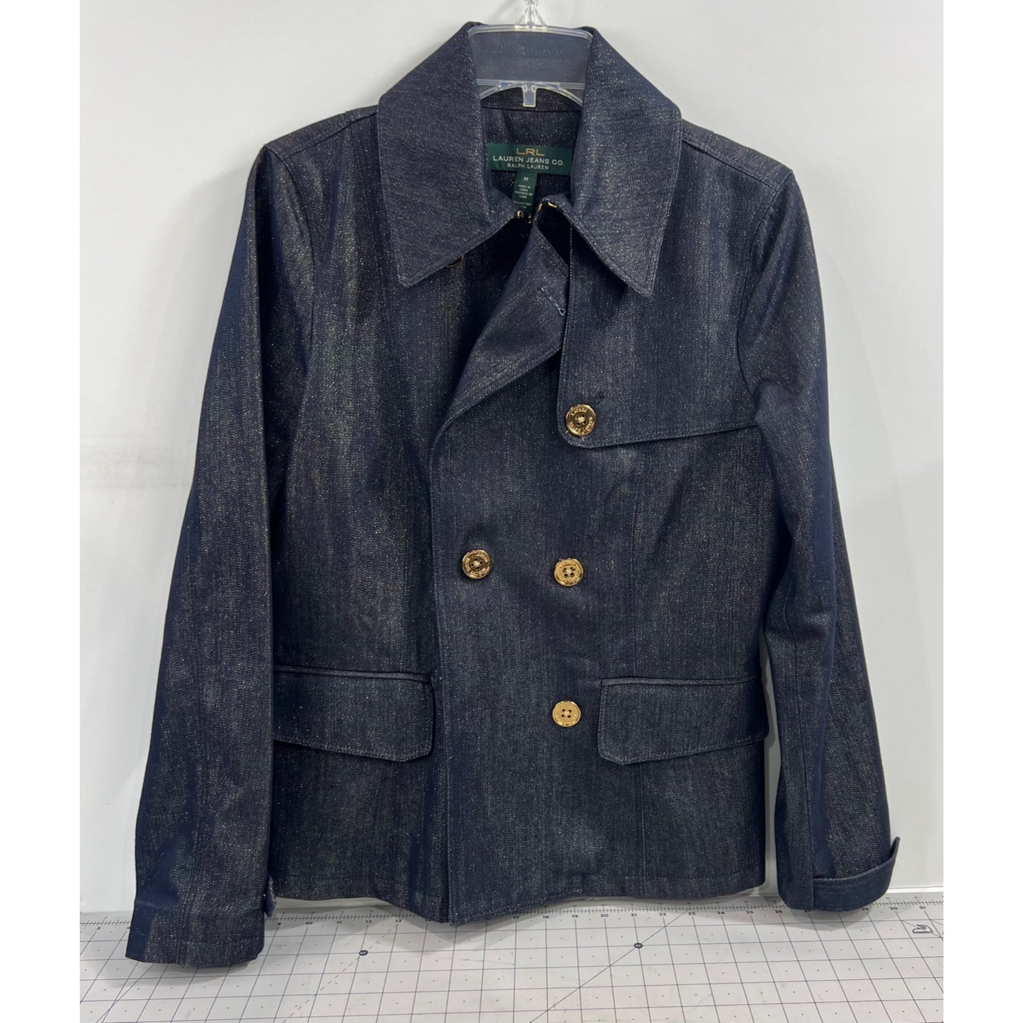 Lauren Ralph Lauren LRL Double Breasted Metallic Blue Denim P-Coat Women’s Sz. M
