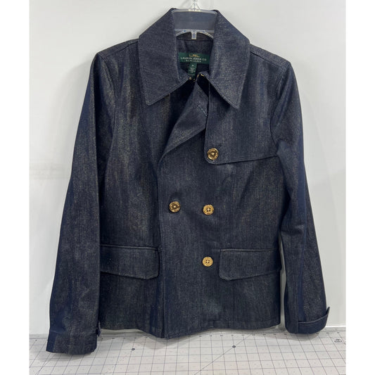 Lauren Ralph Lauren LRL Double Breasted Metallic Blue Denim P-Coat Women’s Sz. M