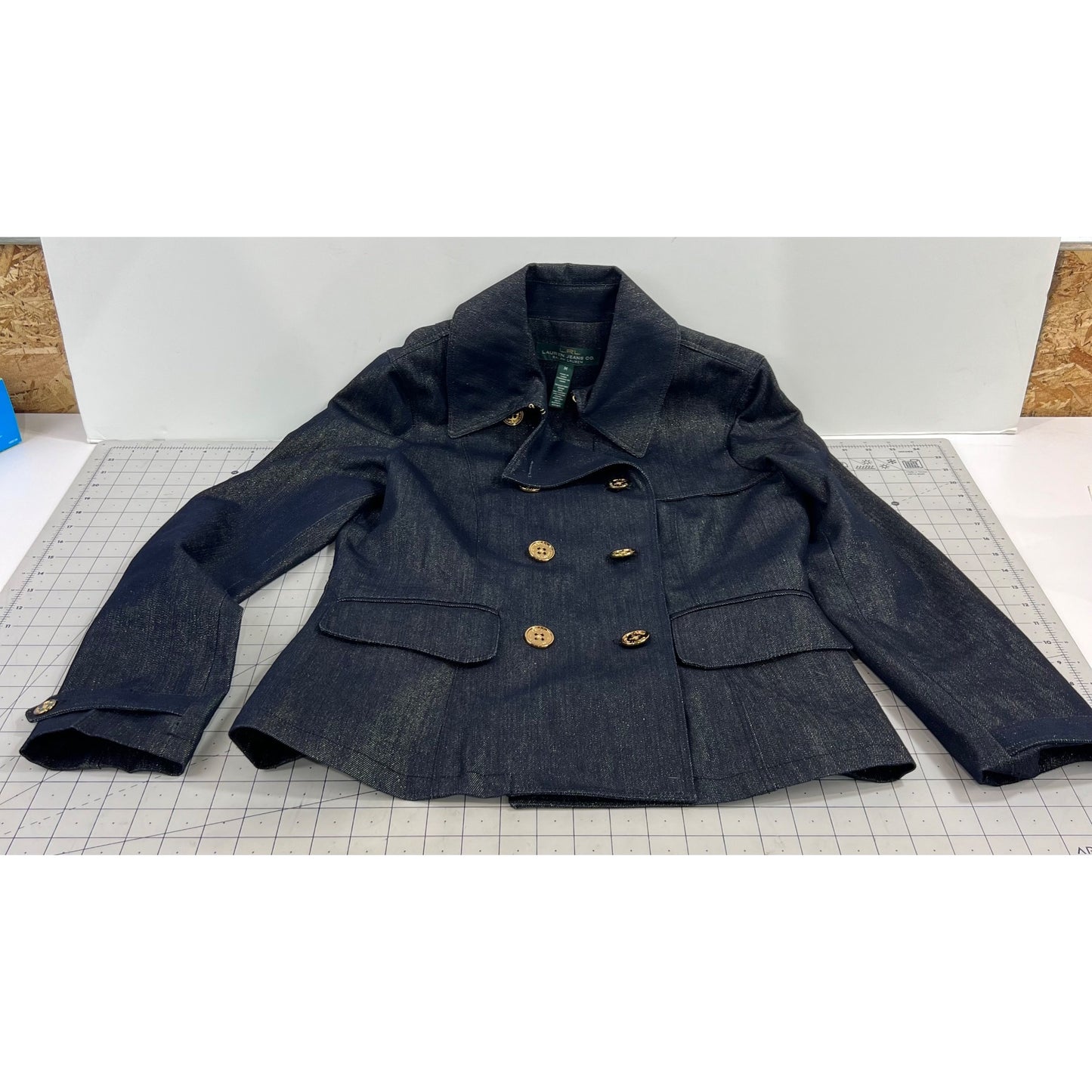 Lauren Ralph Lauren LRL Double Breasted Metallic Blue Denim P-Coat Women’s Sz. M
