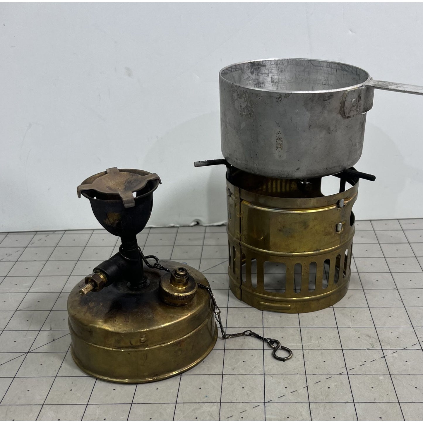 Vintage Brass Svea 123 Camping Stove Windshield & Aluminum Pot Sweden