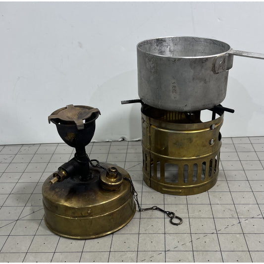 Vintage Brass Svea 123 Camping Stove Windshield & Aluminum Pot Sweden