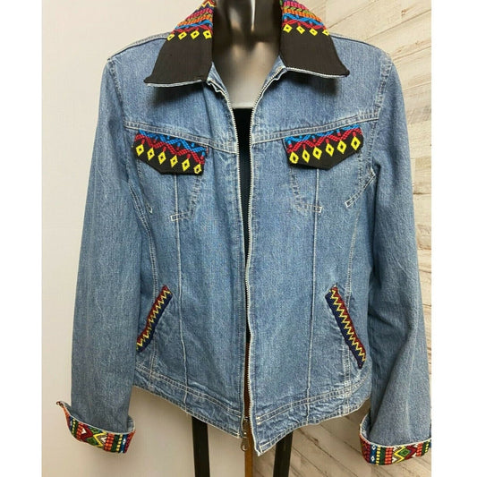 French Cuff Womens Denim Jacket With Colorful Embroidery Design Sz M/L ?