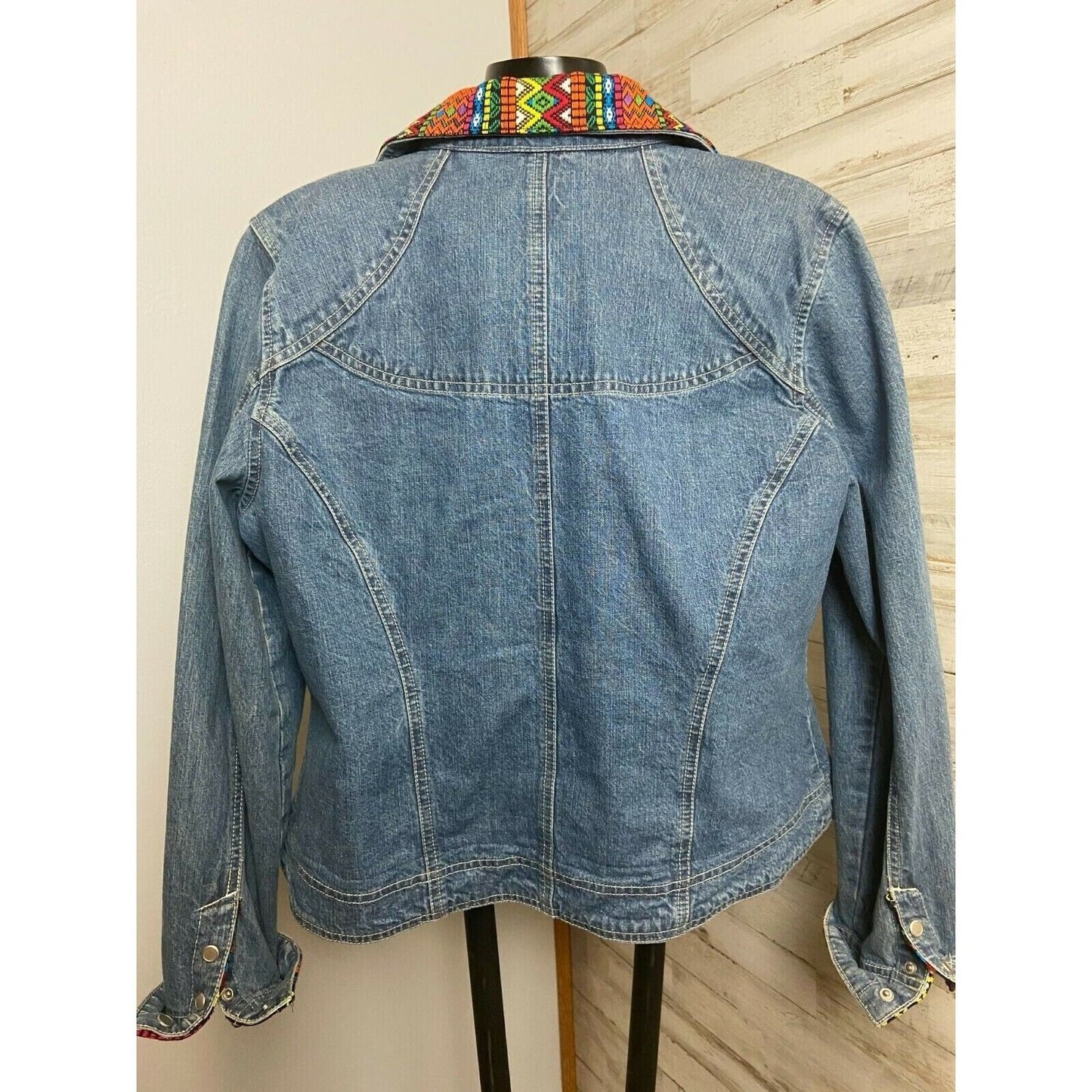 French Cuff Womens Denim Jacket With Colorful Embroidery Design Sz M/L ?