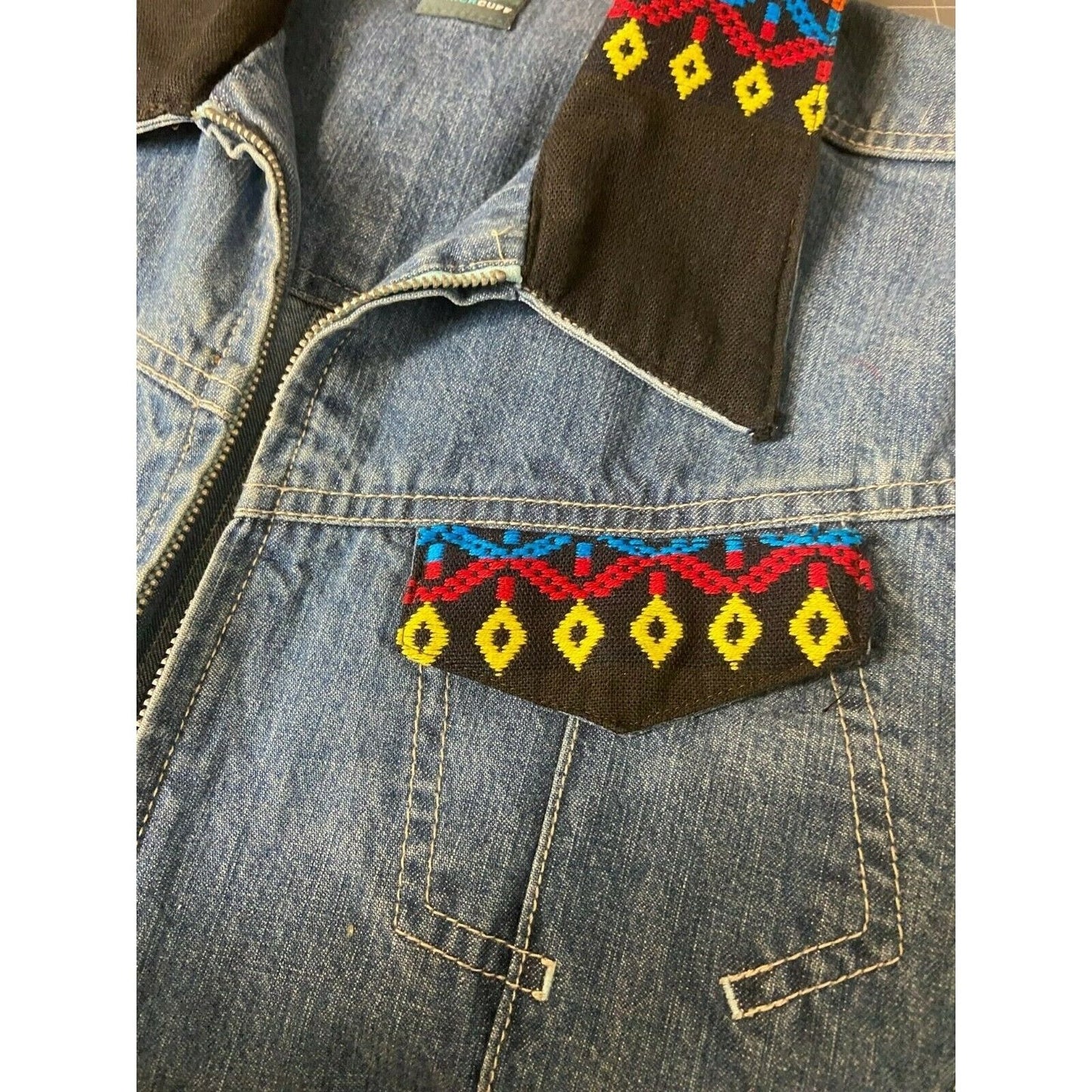 French Cuff Womens Denim Jacket With Colorful Embroidery Design Sz M/L ?