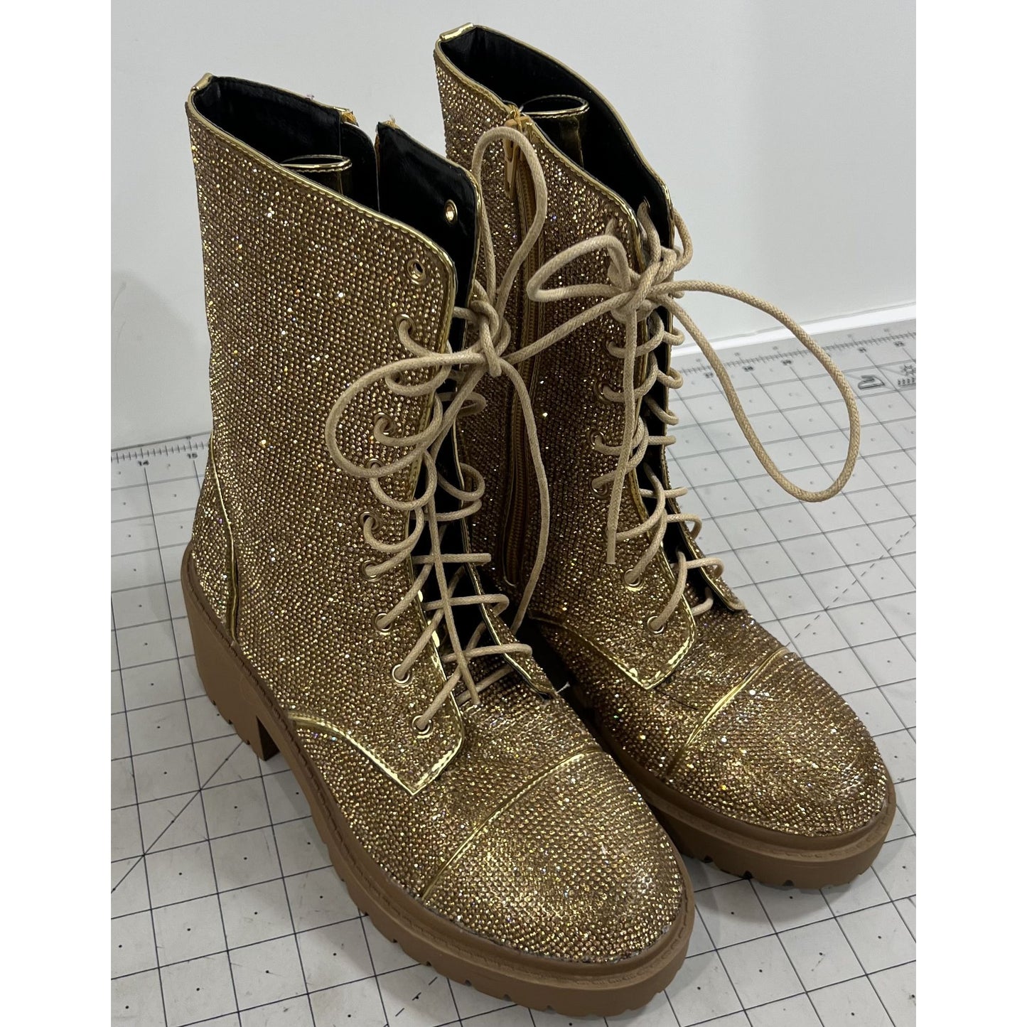 Vigo Fiore Women's Gold Rhinestone Lace Combat Boots Rosalba Sz. 7.5 Side Zip