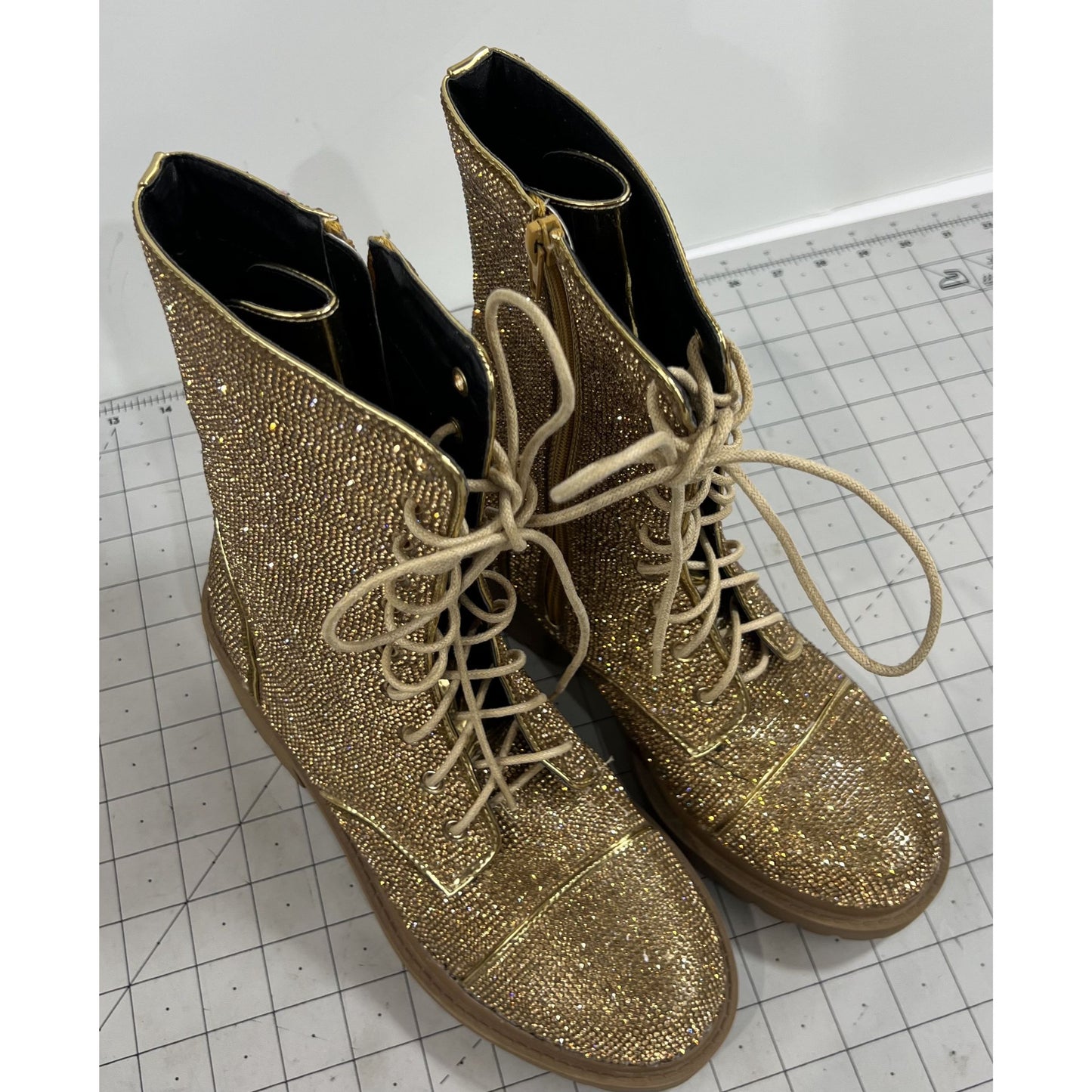 Vigo Fiore Women's Gold Rhinestone Lace Combat Boots Rosalba Sz. 7.5 Side Zip