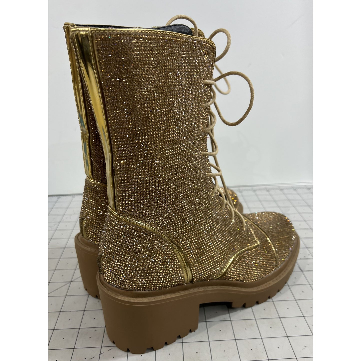 Vigo Fiore Women's Gold Rhinestone Lace Combat Boots Rosalba Sz. 7.5 Side Zip