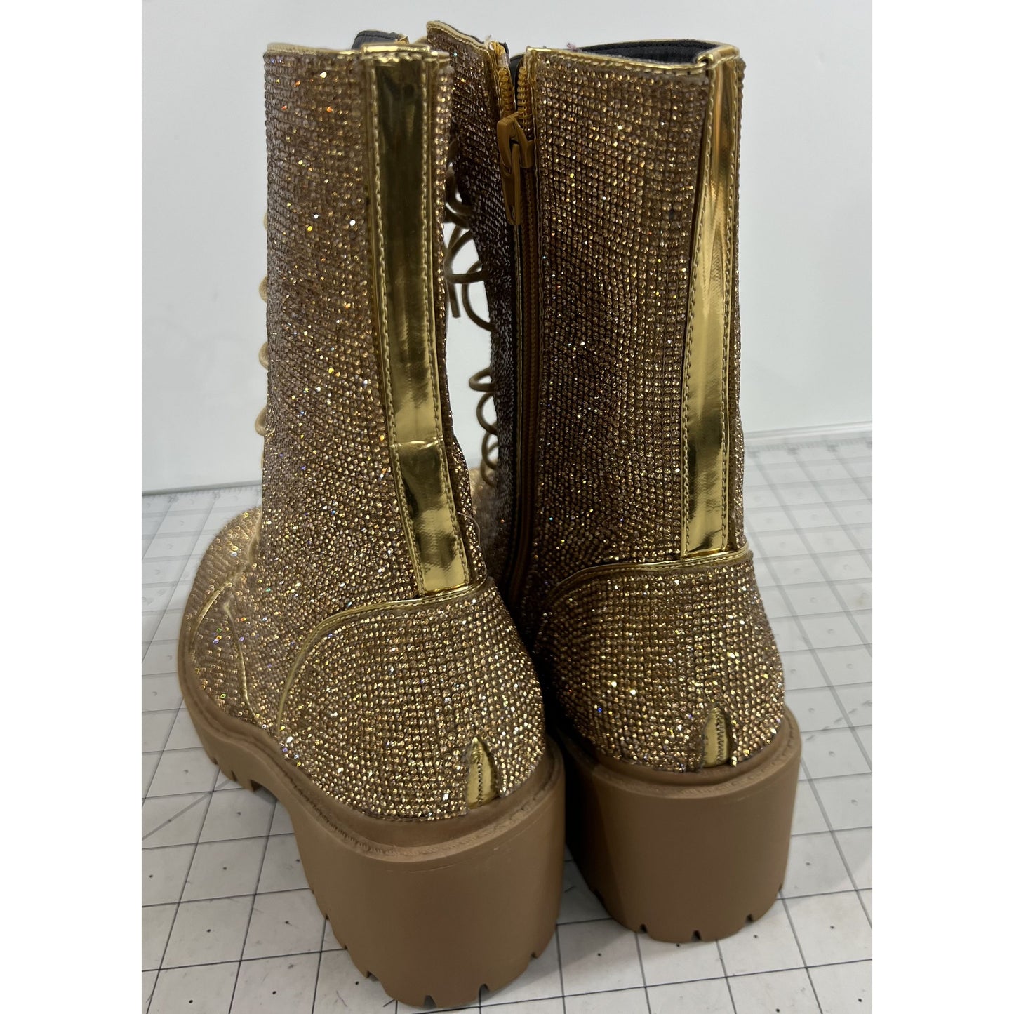 Vigo Fiore Women's Gold Rhinestone Lace Combat Boots Rosalba Sz. 7.5 Side Zip