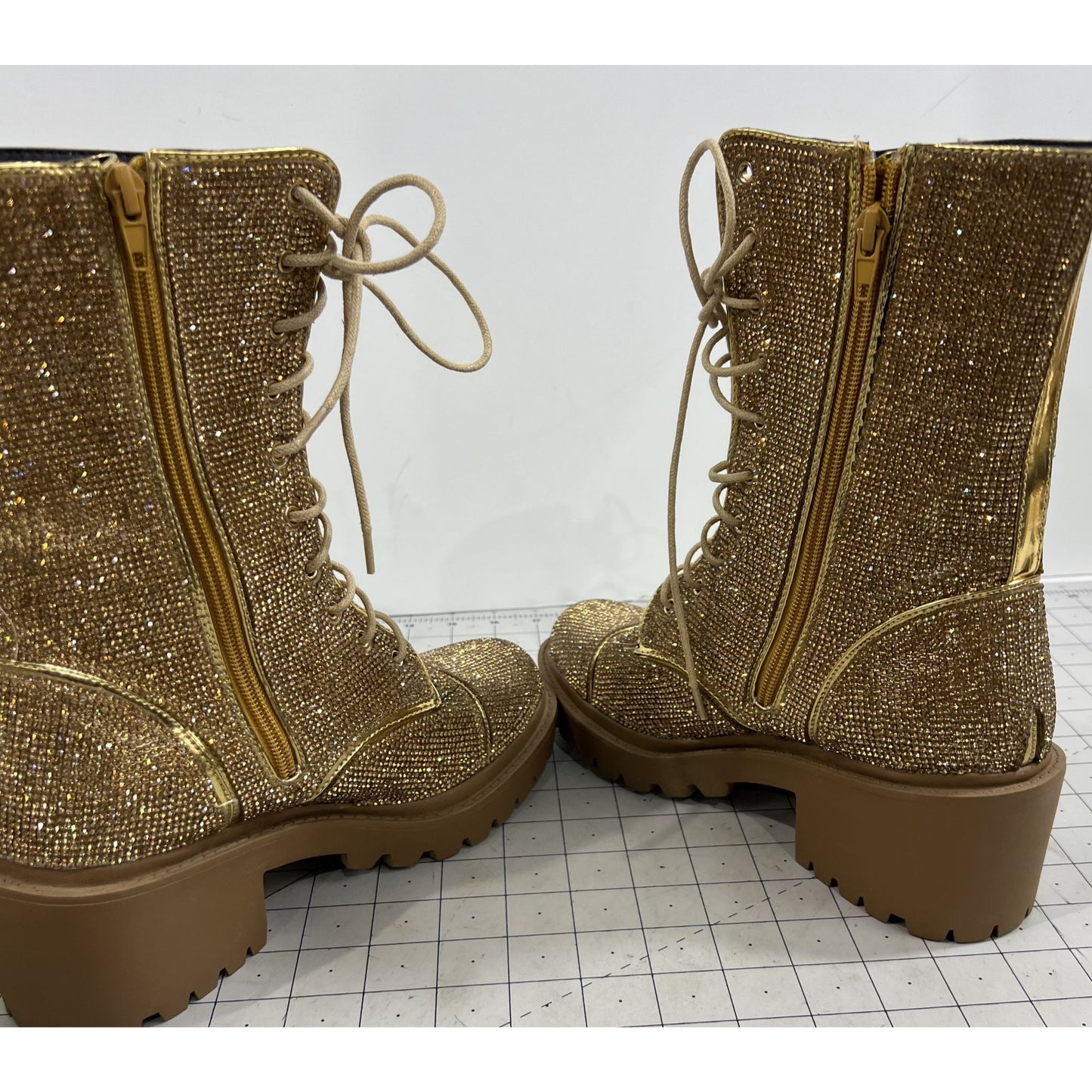 Vigo Fiore Women's Gold Rhinestone Lace Combat Boots Rosalba Sz. 7.5 Side Zip