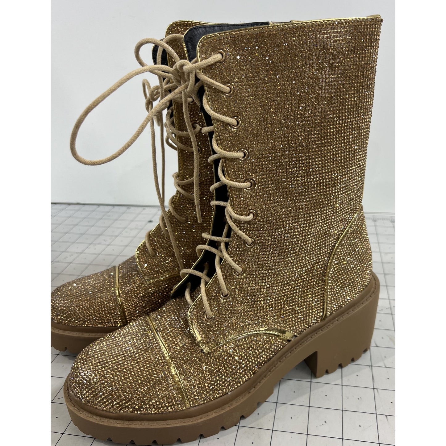 Vigo Fiore Women's Gold Rhinestone Lace Combat Boots Rosalba Sz. 7.5 Side Zip