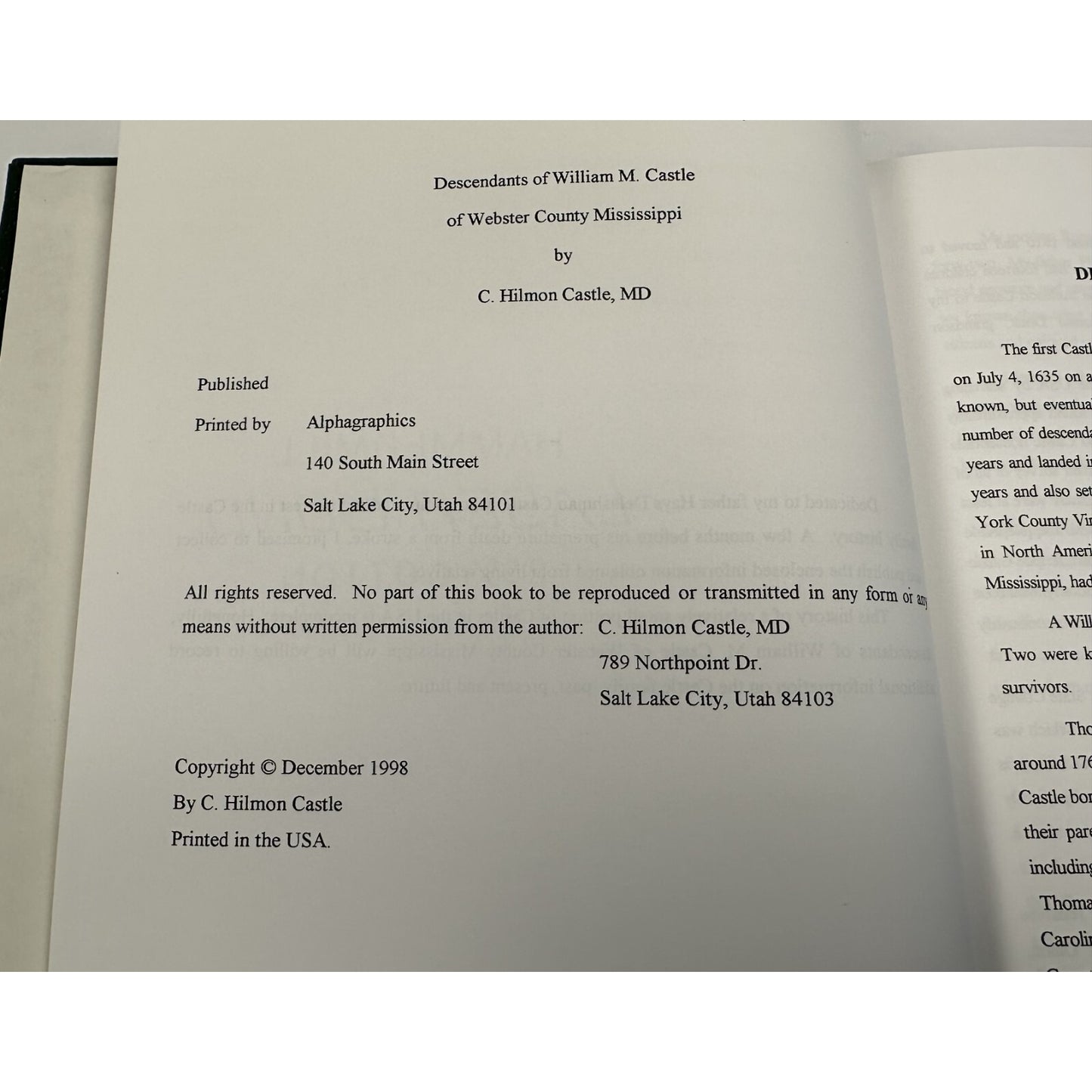 geneaology DESCENDANTS WILLIAM M. CASTLE WEBSTER COUNTY MISSISSIPPI 1998