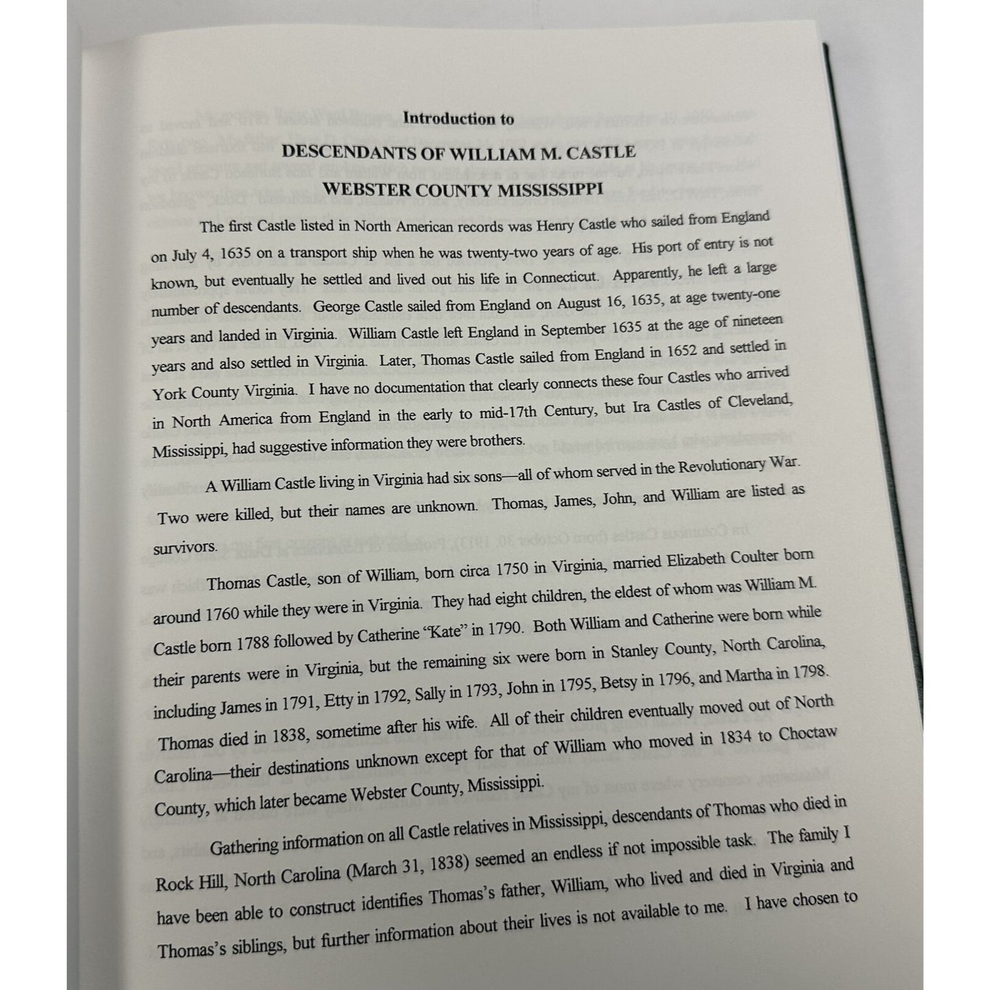 geneaology DESCENDANTS WILLIAM M. CASTLE WEBSTER COUNTY MISSISSIPPI 1998