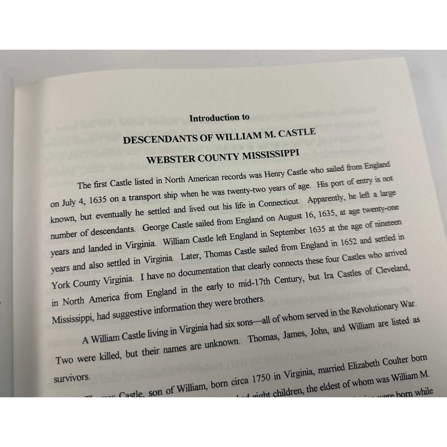 geneaology DESCENDANTS WILLIAM M. CASTLE WEBSTER COUNTY MISSISSIPPI 1998