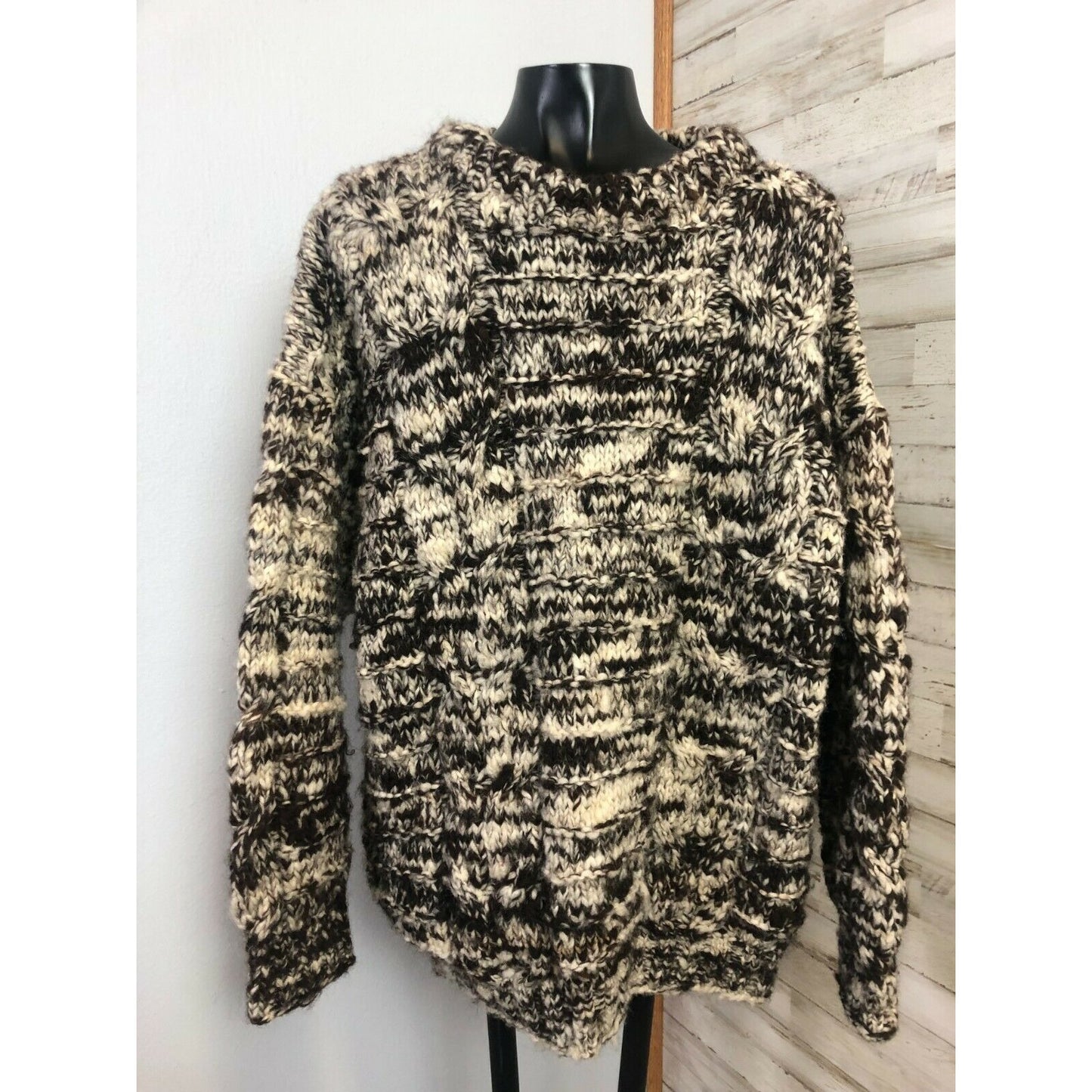 Hand-Knit Wool Blend Marbled Pullover Sweater In Brown & Cream Handmade