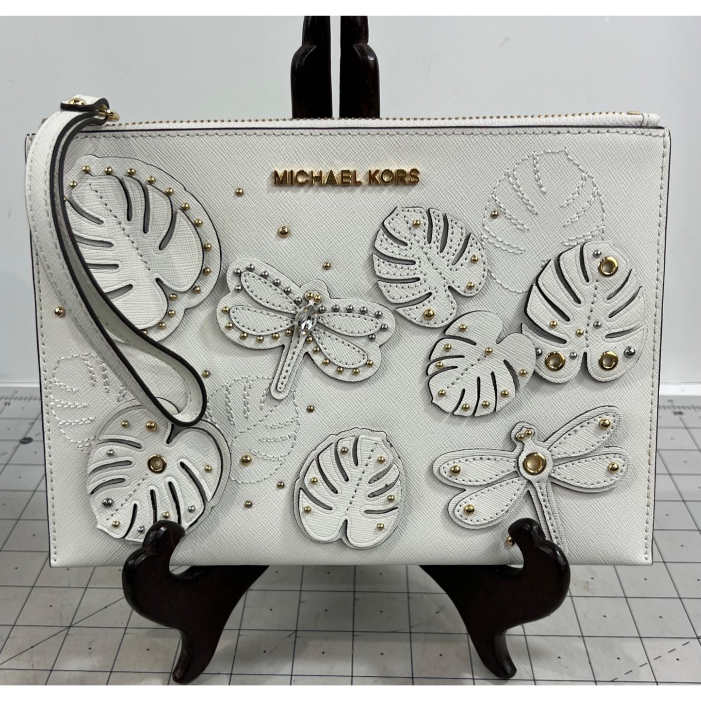 Michael Kors Jet Set Dragonfly White Wristlet Clutch NWOT Leather