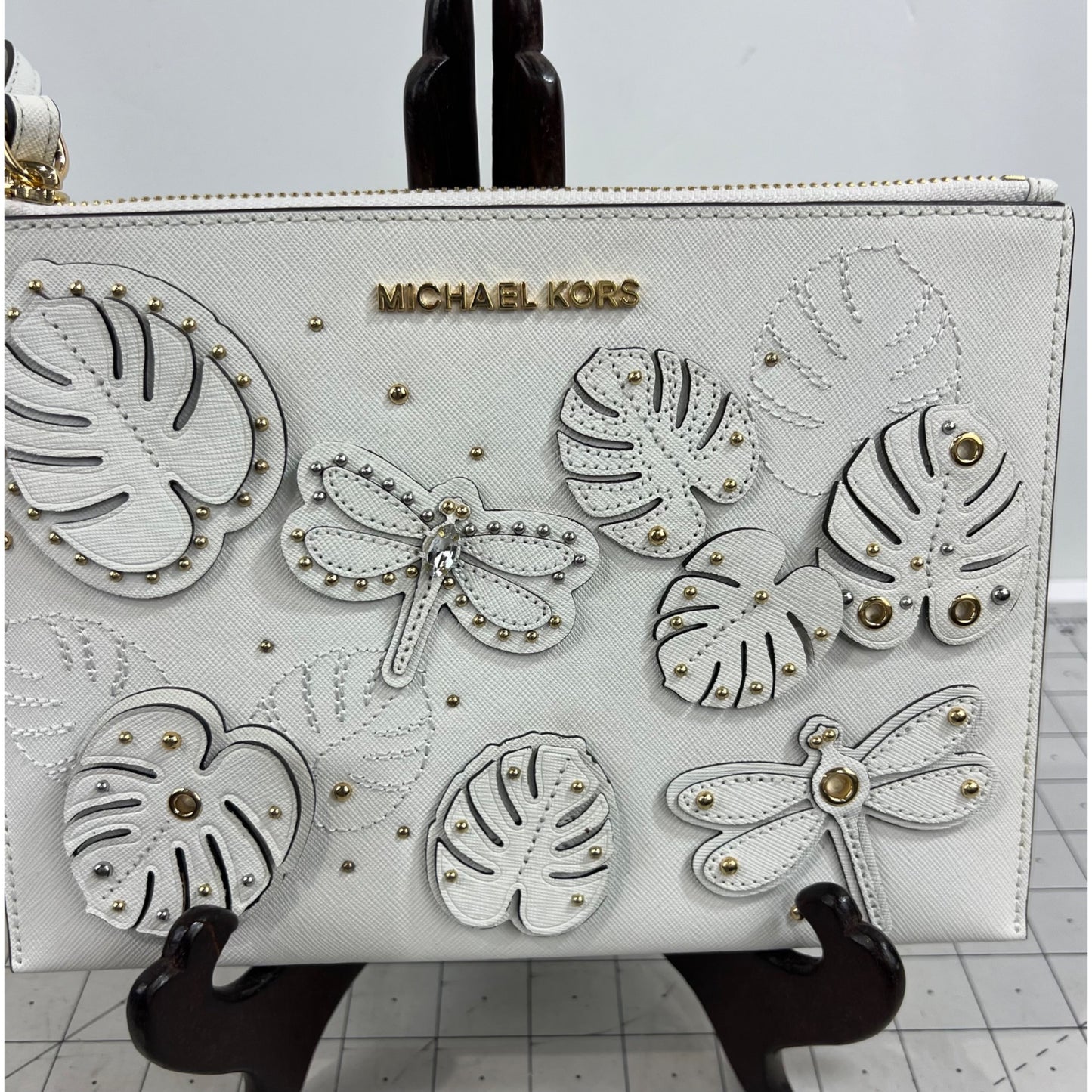 Michael Kors Jet Set Dragonfly White Wristlet Clutch NWOT Leather