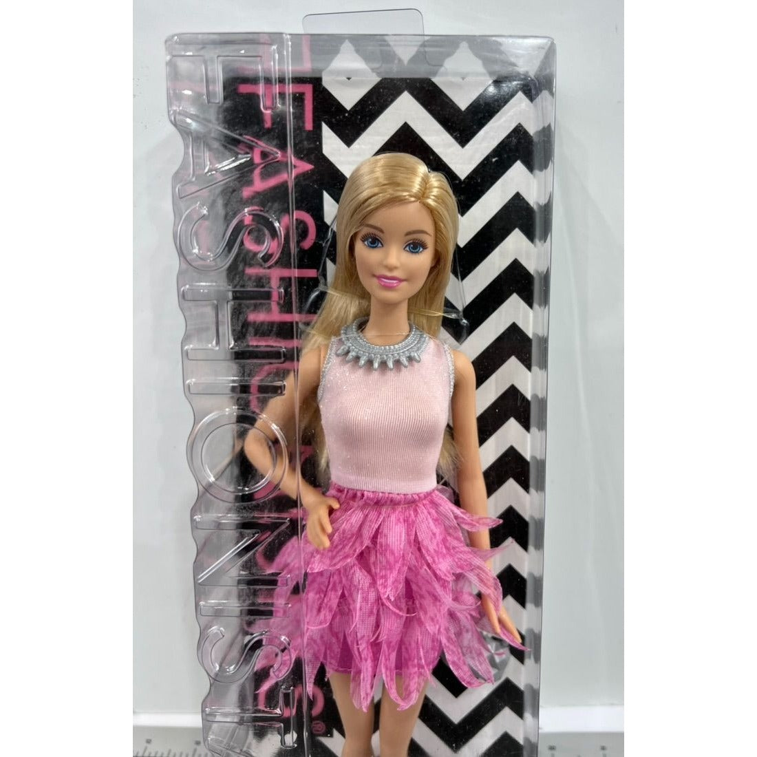 Barbie Fashionistas BCN36 Doll With Blond Hair & Pink Feathered Skirt Dress 2014