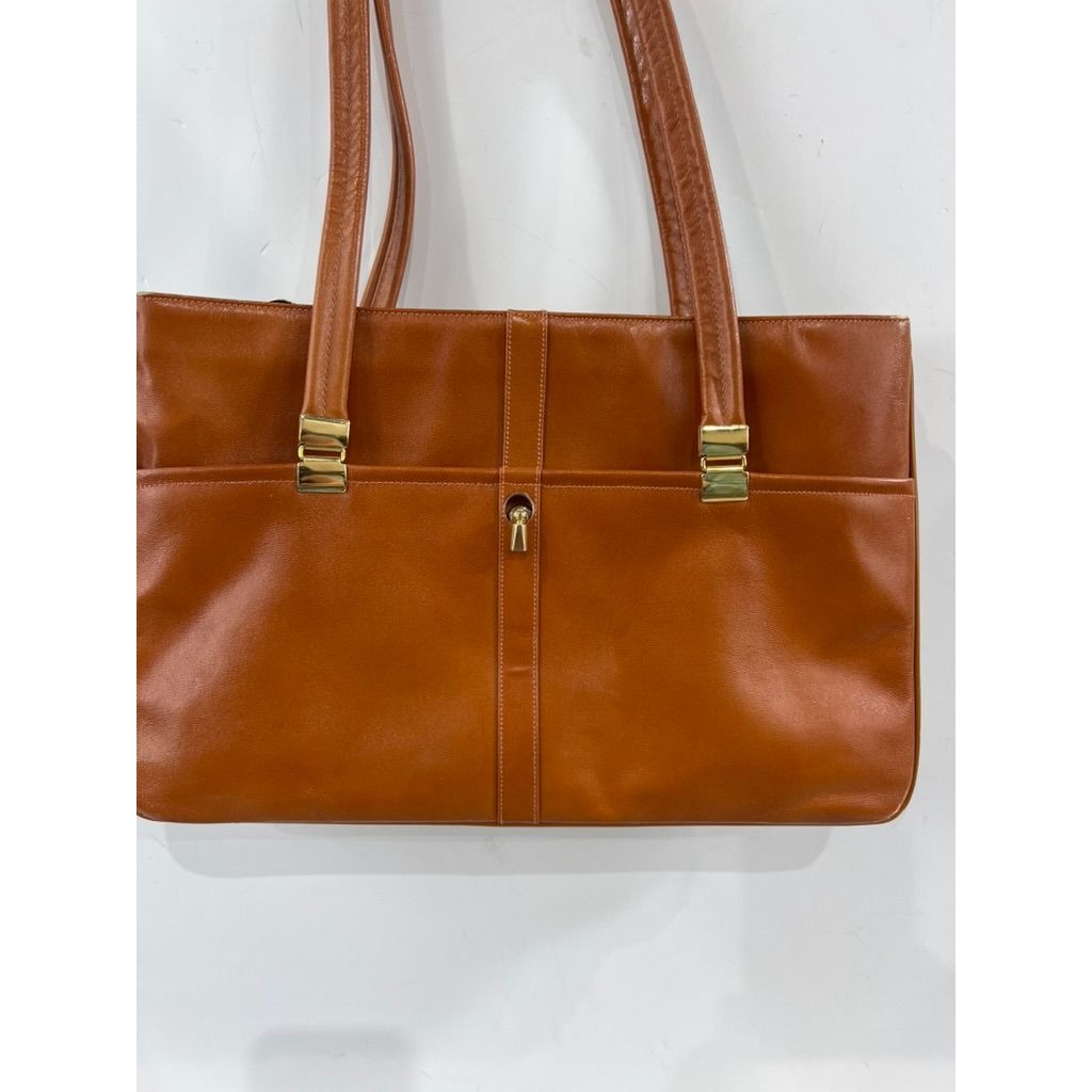 Vintage Chic De Paris Brown Leather Women’s Tote Bag Gold Accents 1970’s